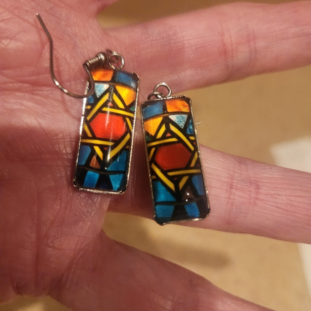 Art Deco Stained Glass Look Star of David Earrings - Picture 2 of 4